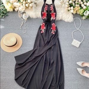 Black High Neck Floral Embroidery Maxi Dress Small